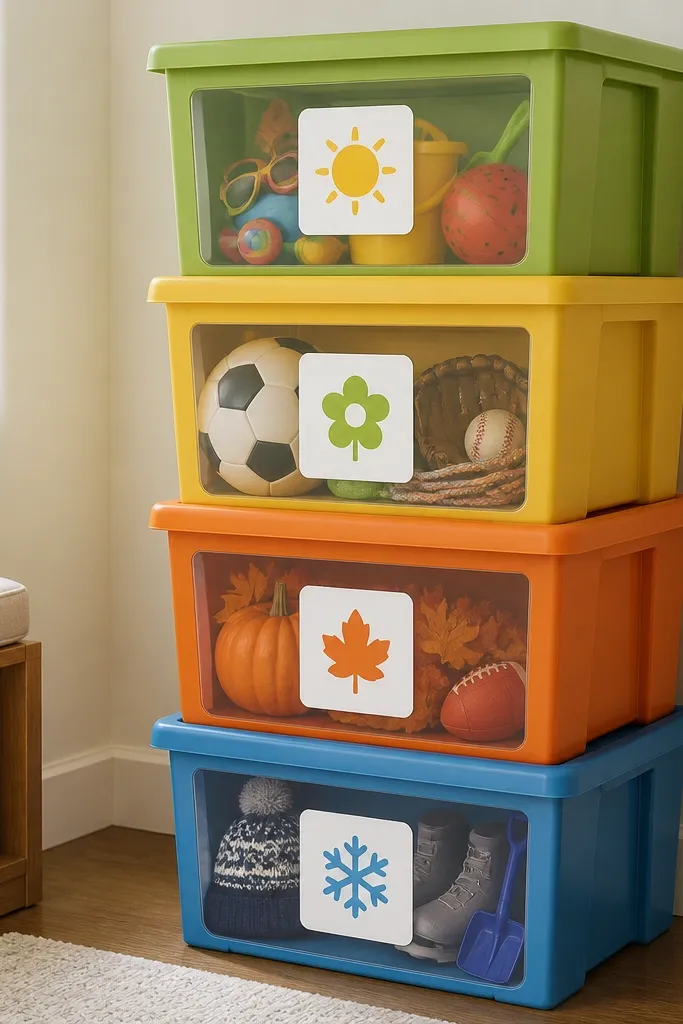 A neat stack of four storage cubes with matching lids in bright colors. Each cube has a clear front panel and a large label. Toys and outdoor gear are separated by season.