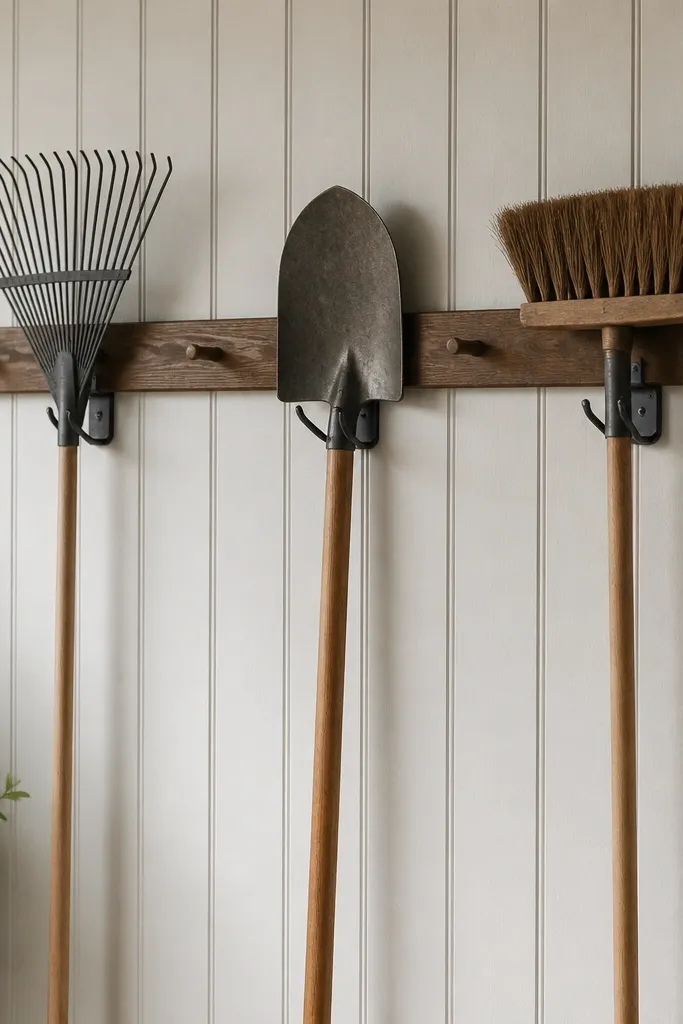 A long peg rail mounted horizontally with heavy-duty hooks holding a rake, shovel, and broom. The hooks are spaced evenly and the tools hang at slight angles toward the wall.
