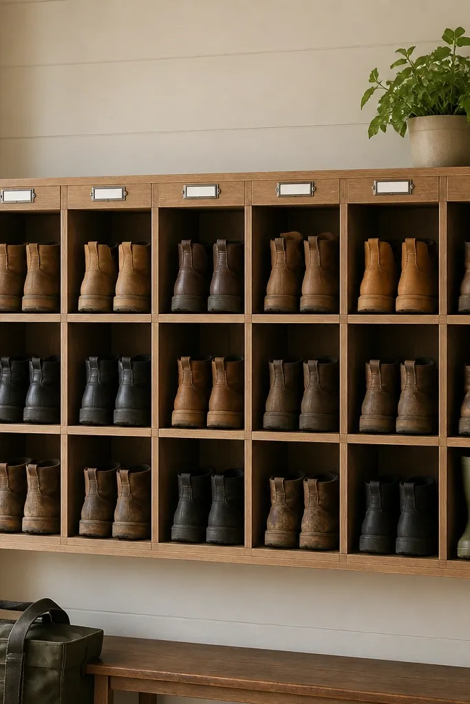A wall-mounted shoe rack with open cubbies. Each cubby holds a pair of boots or work shoes. A row of labels sits above each cubby with bold black text.
