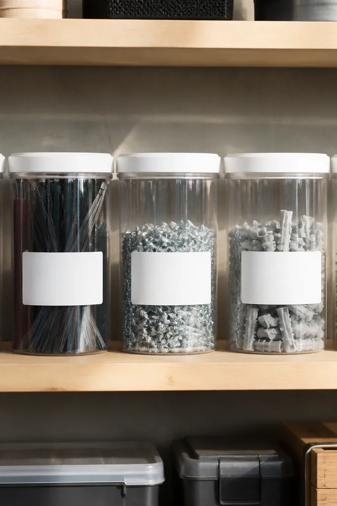 Clear kitchen canisters on a shelf with white lids. Inside are labeled dry items like sandpaper, zip ties, and small hardware. Labels are printed and taped neatly in the same position on every jar.