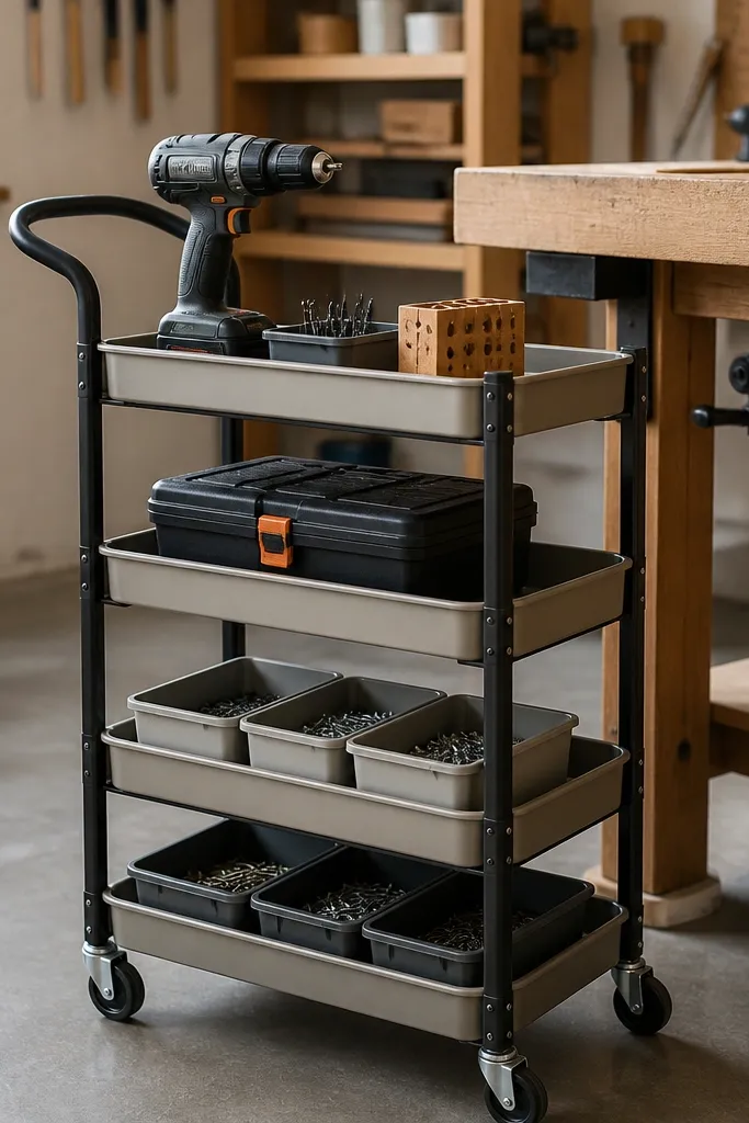 A small rolling cart with four shelves parked near the workbench. It holds a cordless drill, a small toolbox, and labeled bins for bits and nails. The cart has caster wheels and a black handle.