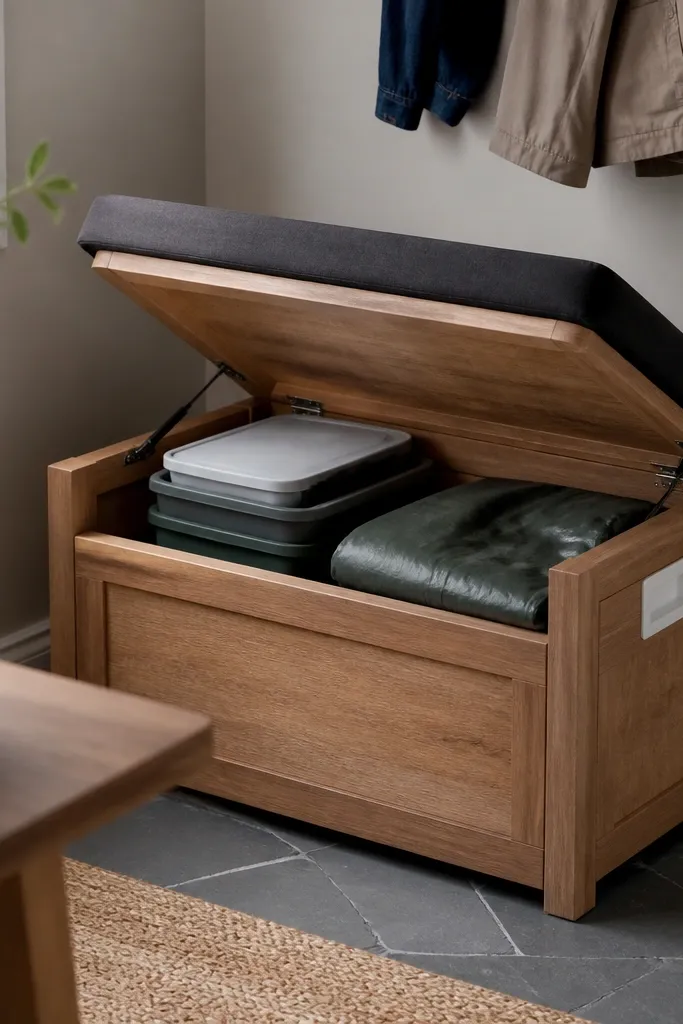 A small storage bench in the corner with a hinged lid. Inside is a neat stack of bins and a folded tarp. The bench has a dark cushion on top and a white label panel on the side.