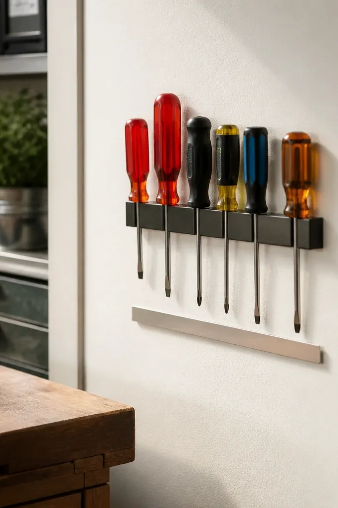 A small magnetic holder mounted to the inside wall near the workbench. Screwdrivers are lined up with handles facing outward. A tiny label strip sits under the tools.