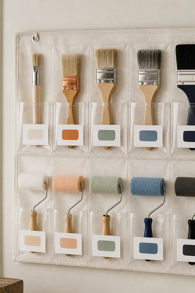 A hanging organizer on the wall with clear pockets. Paint brushes and foam rollers sit in individual pockets. Each pocket has a white label with black text and a small color swatch.