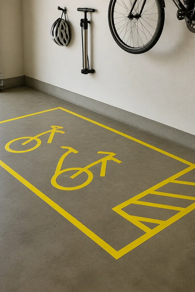 Bright yellow floor tape forms a rectangle near the wall. Inside the rectangle are two bike footprints marked with tape and a small car-care zone line. The tape is straight and clean with sharp corners.