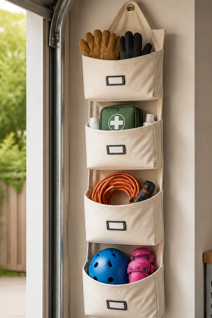 A vertical hanging system by the garage door with several canvas totes. Each tote has a label and holds one category: gloves, first aid, extension cord repair kit, and kids' safety gear.