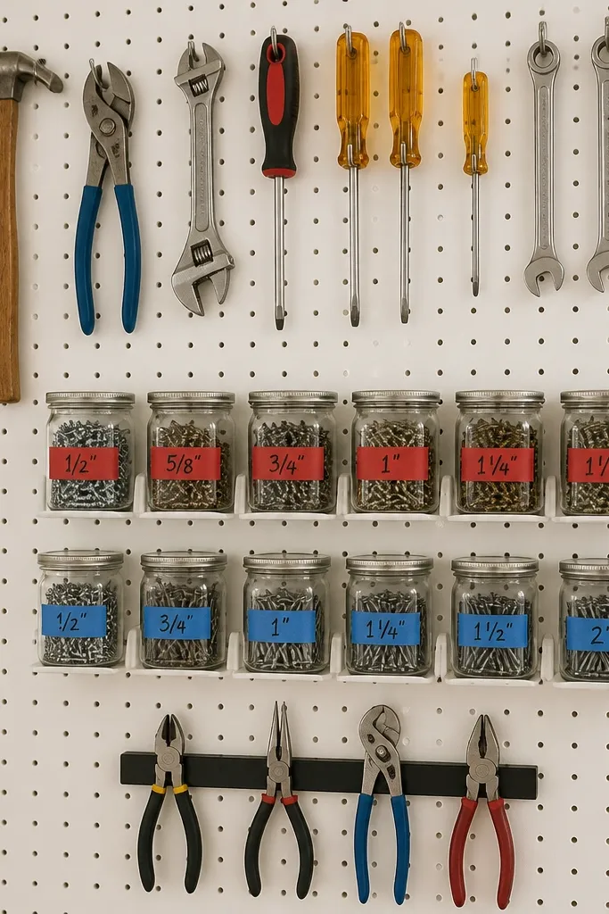 A white pegboard panel with a grid of hooks holding hand tools. Small clear jars sit in two rows on pegboard holders, each jar labeled with thick black marker and a colored tape band (red for screws, blue for nails). A small magnet strip holds pliers.