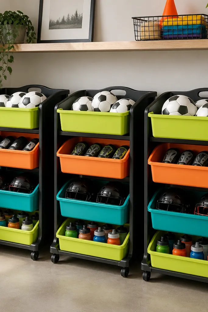 Three rolling plastic carts pushed under a wall shelf. Each cart has four bins: soccer balls, shin guards, helmets, and water bottles. The bins are in bright colors (lime, orange, teal) with black labels on the cart fronts. The floor is clean around the carts.