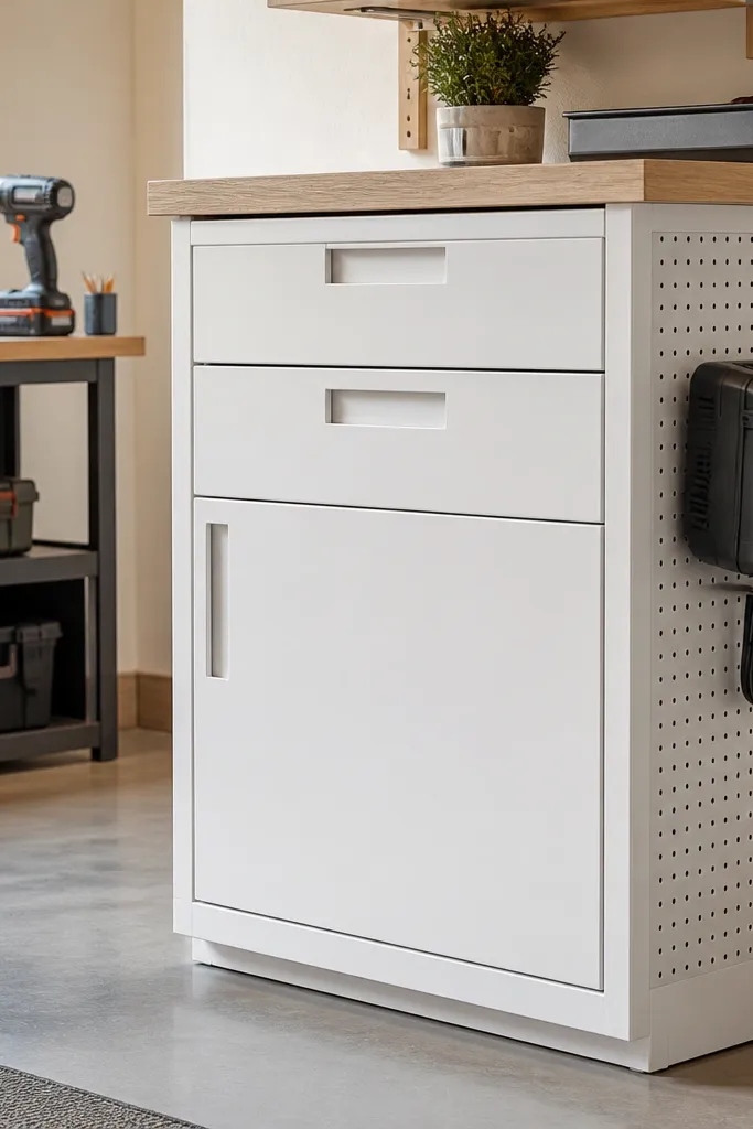 A white base cabinet with two drawers and one door. Inside, foam tool inserts hold a cordless drill, impact driver, and a set of driver bits. The cabinet has a pegboard side panel with a charger dock. Everything looks aligned and closed.