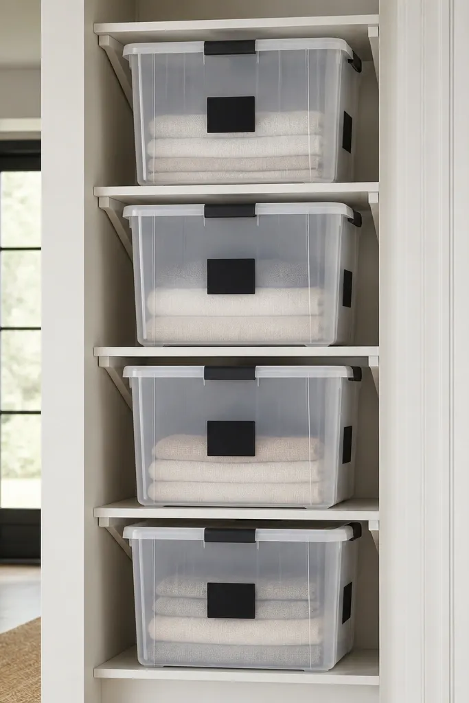 A ceiling-height shelf with four stacked clear plastic totes. Each tote has a black label on the front and a second label on the side. The shelf uses white brackets and the totes are spaced evenly with no overhang.