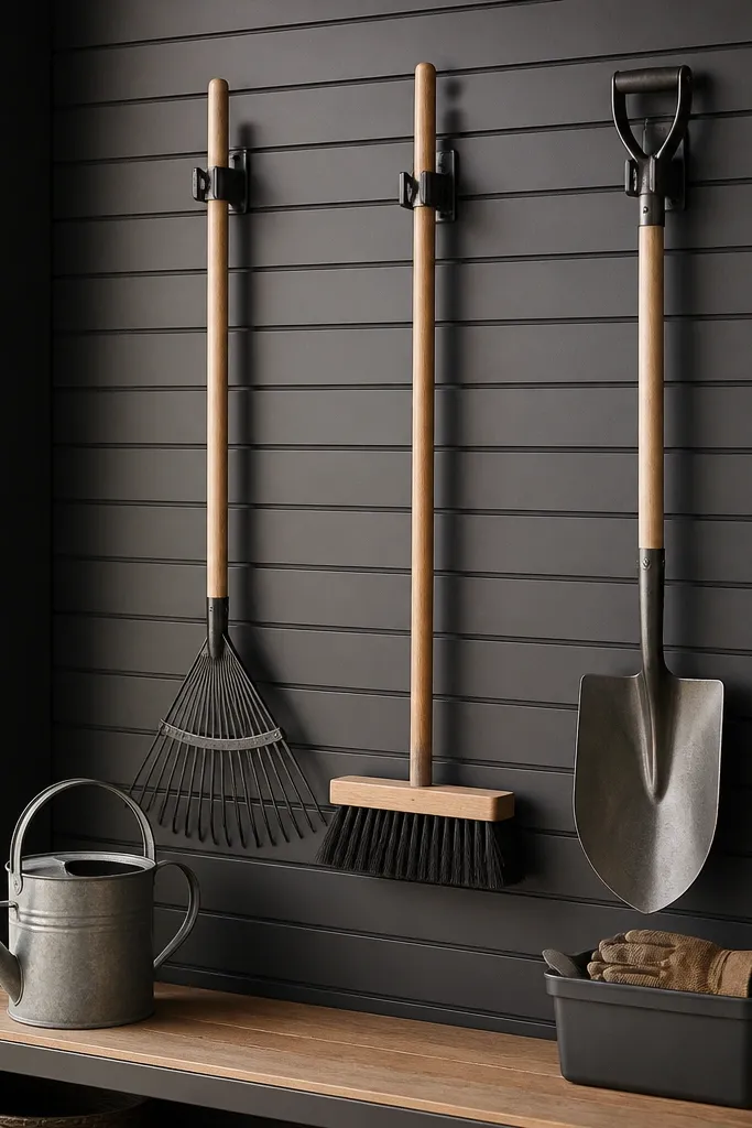 A dark slat wall panel with multiple long-handled tools hanging from adjustable hooks. A rake, broom, and shovel are spaced in a neat row. Below, a shallow bench holds a watering can and a small bin for gloves.