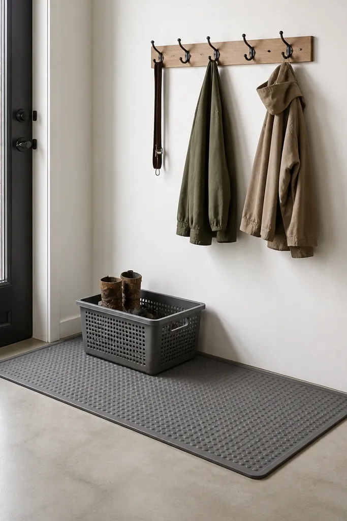 A gray rubber floor mat placed near the side door. On the mat is a ventilated bin for muddy shoes and a small hook rack for coats. The rest of the concrete floor around it stays clean.