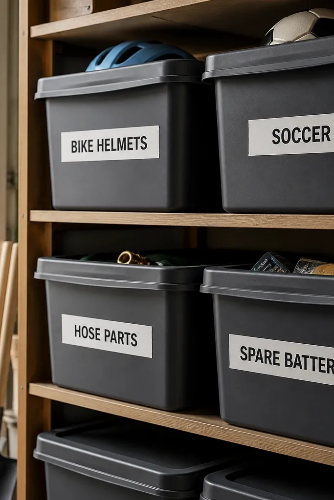 A close-up of labeled bin fronts with thick black text on white tape. Labels show categories like "Bike Helmets," "Soccer," "Hose Parts," and "Spare Batteries." The camera angle is at chest height, showing the labels readable from the doorway.