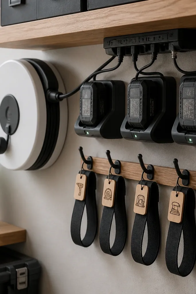 A small power strip mounted under a shelf. Cables run into a white cord reel and then into labeled charging stations. Velcro straps hang on hooks, and each strap has a tag showing the tool name.