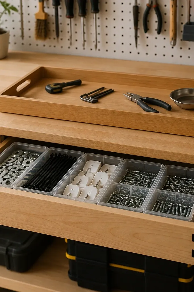 A workbench with a wide drawer labeled "Parts Home." Inside are small plastic organizers for washers, zip ties, hooks, and spare screws. The bench top has a tray for current project tools only.