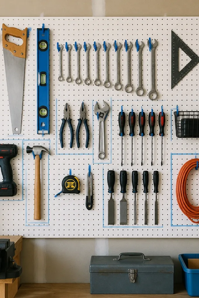 A white pegboard mounted on a garage wall. Bright blue painter's tape squares show exact hook positions, and tools hang in neat outlines with matching hooks.