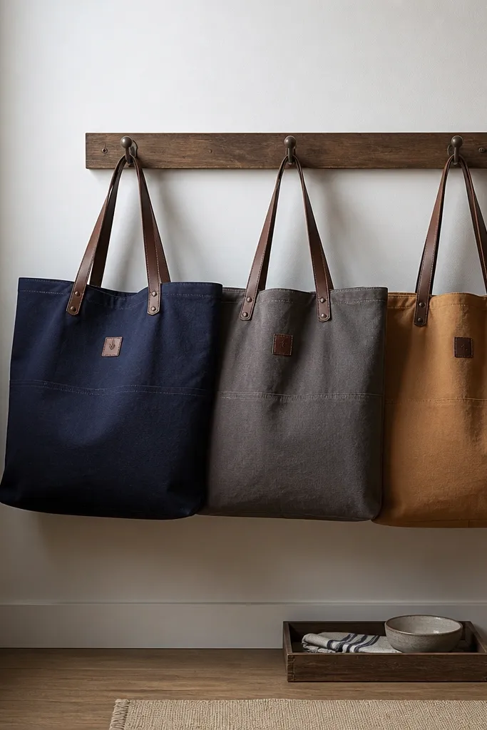 Three sturdy canvas totes in navy, gray, and tan hanging from a wall-mounted rail. Each tote has a stitched label tag on the front, and a small tray sits on the floor below.