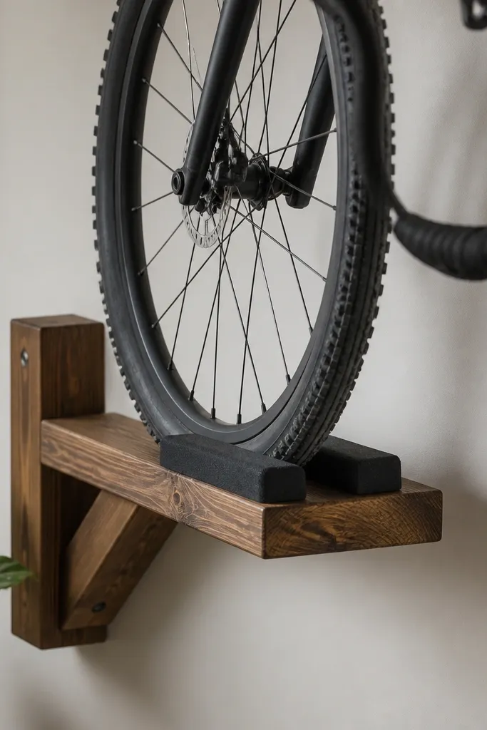 A wall-mounted bike shelf made from stained 2x4 lumber. Two foam-covered stops are mounted on the front edge, and a bike front wheel sits neatly in place.
