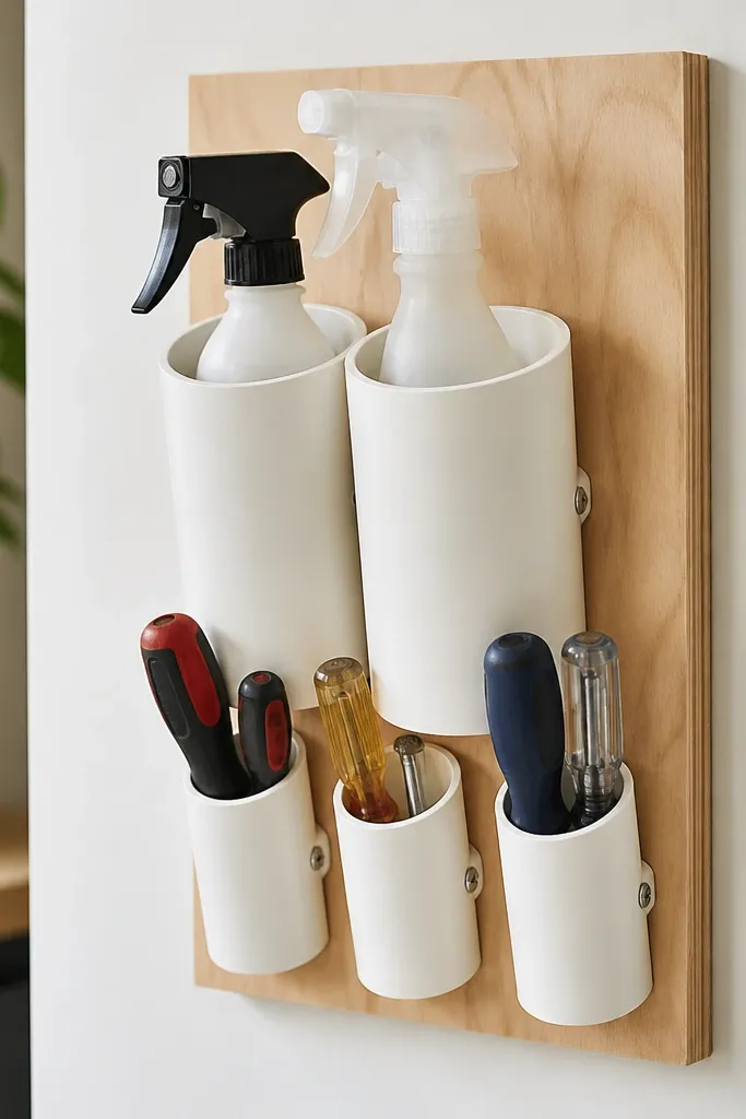 A vertical organizer made from white PVC pipe sections mounted to a plywood backing. Spray bottles slide into two larger tubes, and screwdrivers fit into smaller ones.