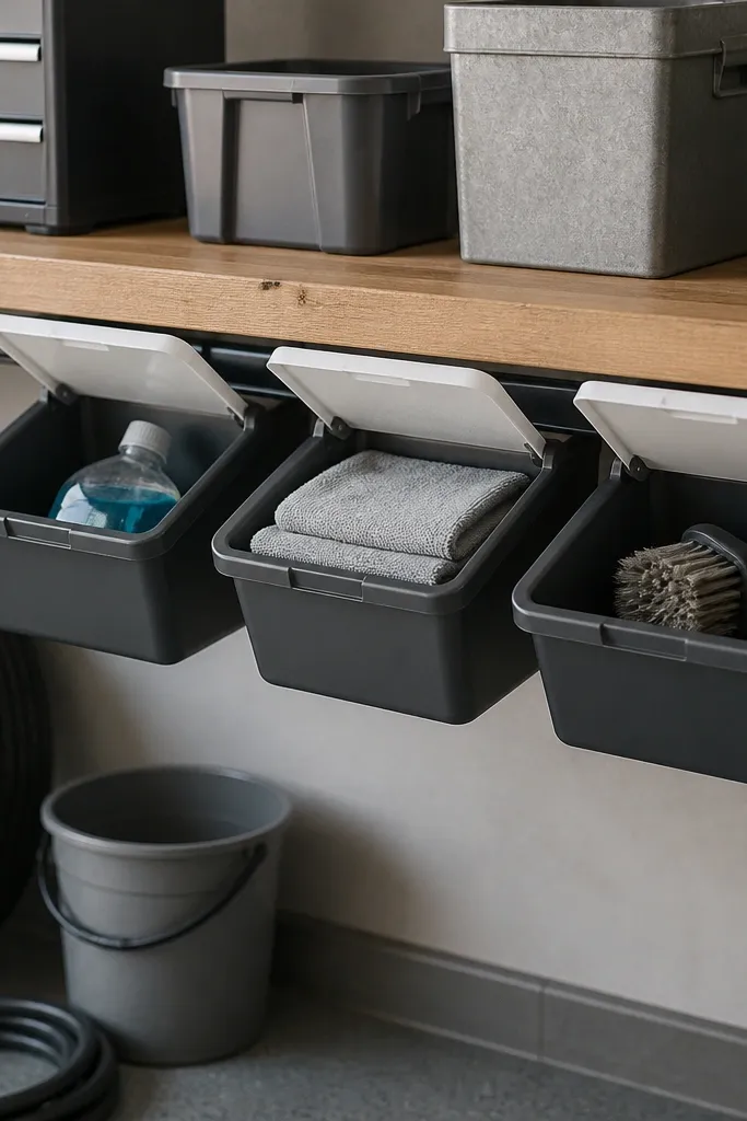 Under a garage shelf, small bins sit on a track with flip lids. The lids are white plastic, and each bin has a label for car soap, towels, and tire brush.