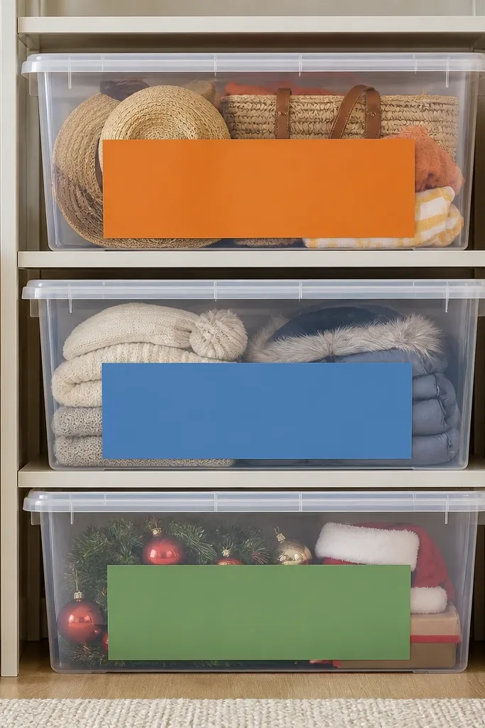 Clear bins with wide colored label bands: orange for summer, blue for winter, green for holiday. Each label sits centered on the bin face.