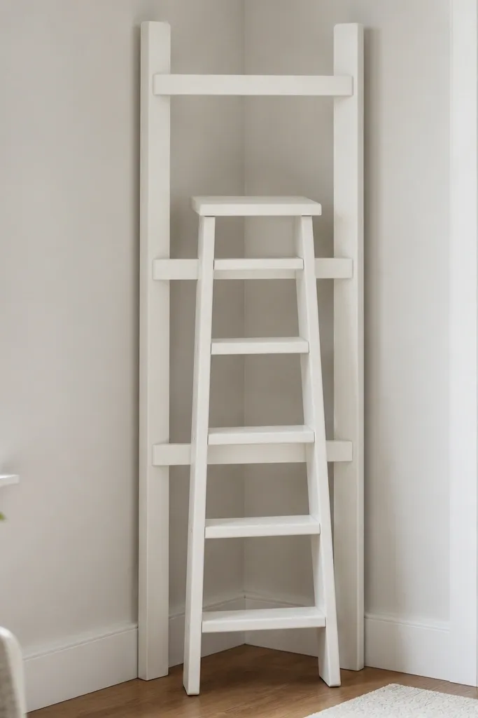 A corner rack made from two vertical boards and three horizontal crossbars. A step ladder rests with the rungs supported, and the wood is painted matte white.