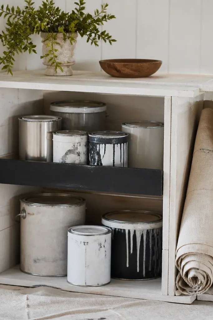 A small pallet wood cubby painted off-white with a black shelf strip. Paint cans sit in the open cubby, and a rolled drop cloth is tucked into the side gap.