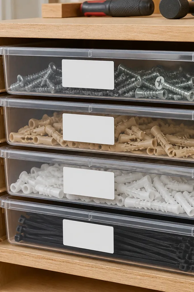 A set of clear plastic shoe-box style bins stacked in a shallow wooden drawer unit. Each bin has a white label on the front: screws, anchors, drywall plugs, zip ties.