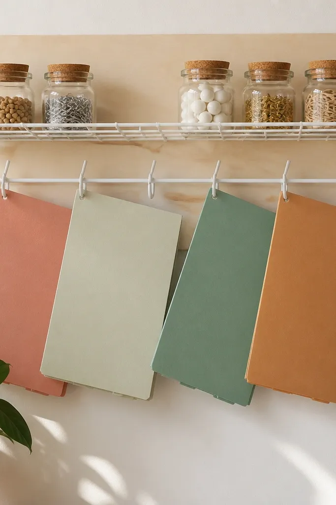 A wire shelf painted white with a solid plywood backer behind it. Small jars sit on the top shelf, and colored paper folders hang from hooks.