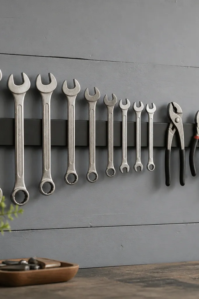 A long magnetic strip mounted to a painted wood board. Wrenches and small pliers hang in a clean row, and the board is painted matte gray.