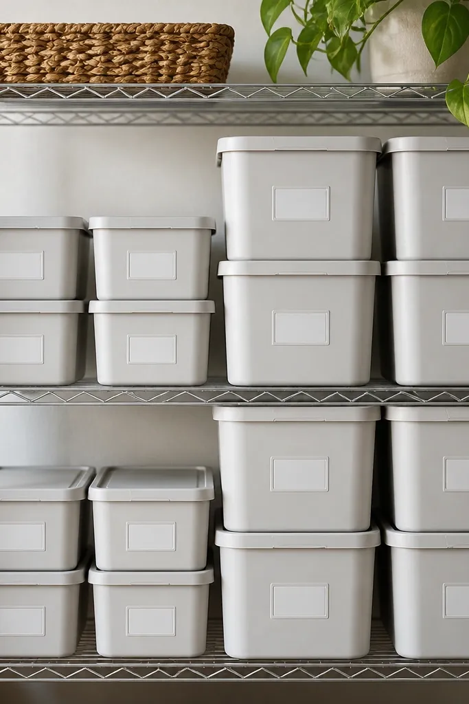 Stackable plastic bins with matching lids in two heights. Labels sit on the front, and the bins are arranged on a wire rack so air can move behind them.