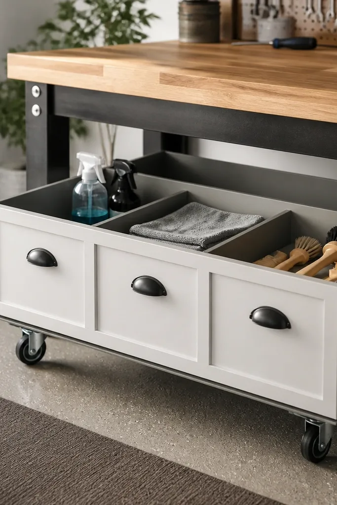 A rolling drawer under a garage workbench. The drawer has three compartments and white drawer fronts, with labels for glass cleaner, rags, and brushes.