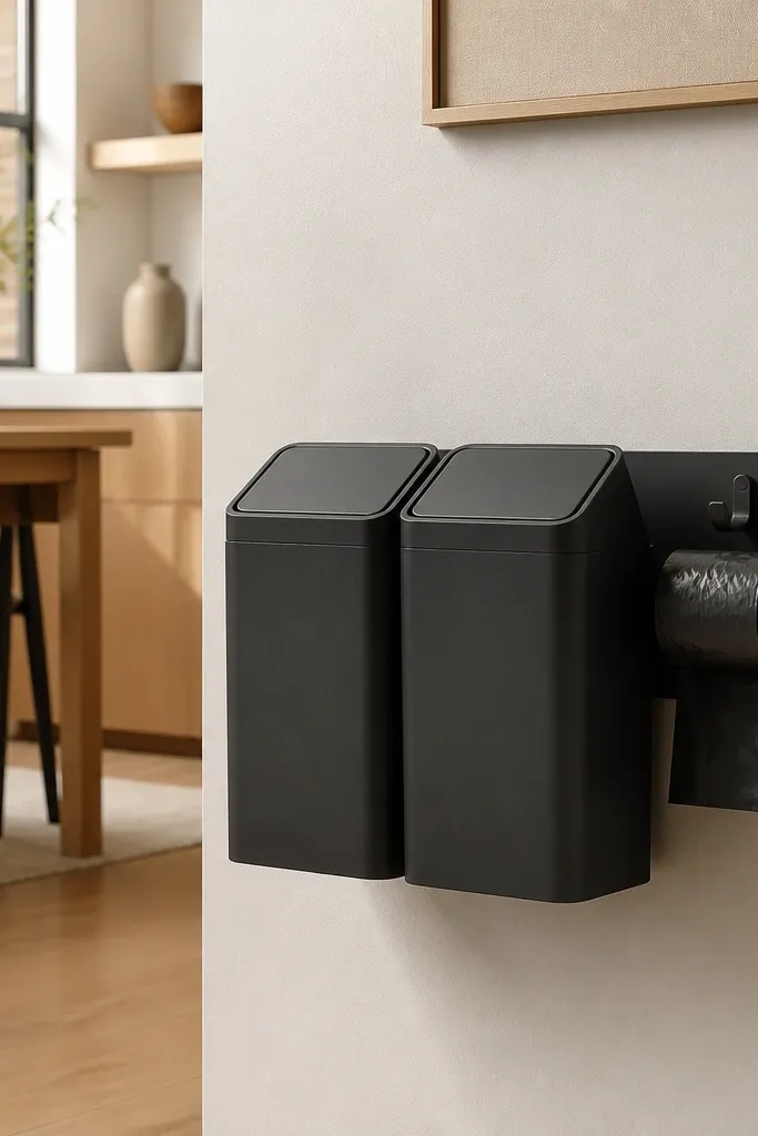 A small wall station with two identical bins in matte black. Each bin has a swing lid, and a roll of trash bags hangs from a hook beside the bins.