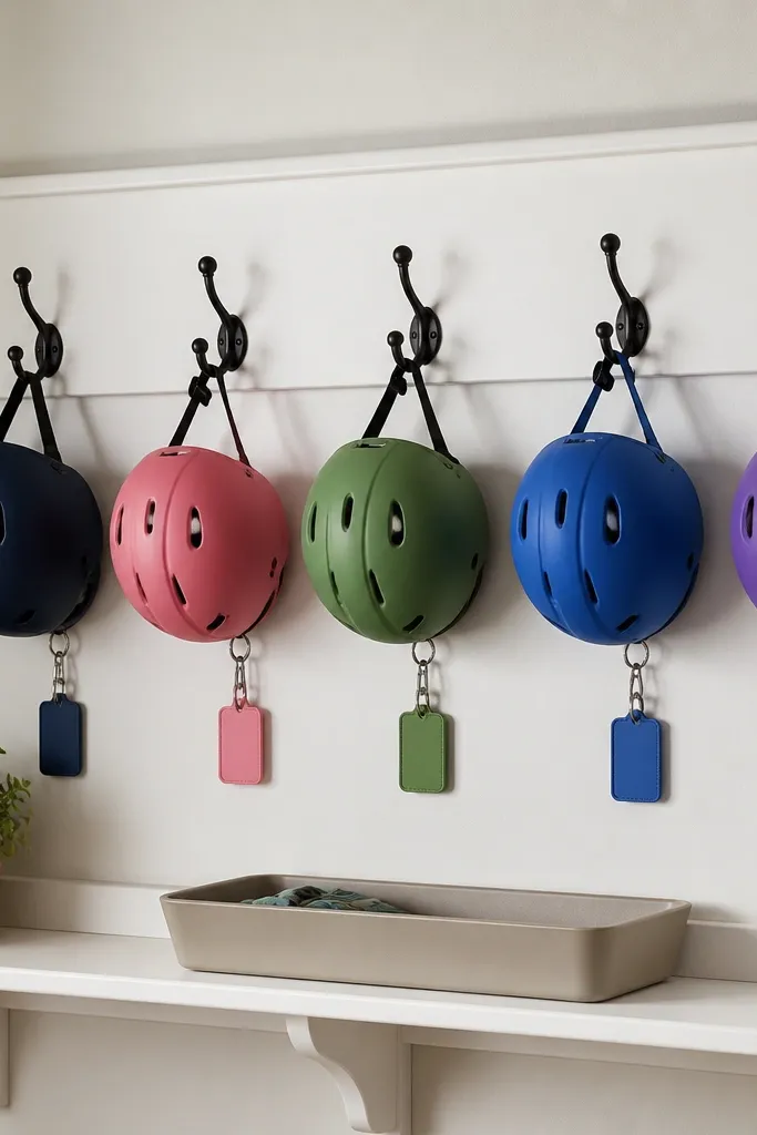A row of helmet hooks mounted on a board painted white. Color-coded name tags hang below each hook, and a small tray sits on the shelf under the hooks.