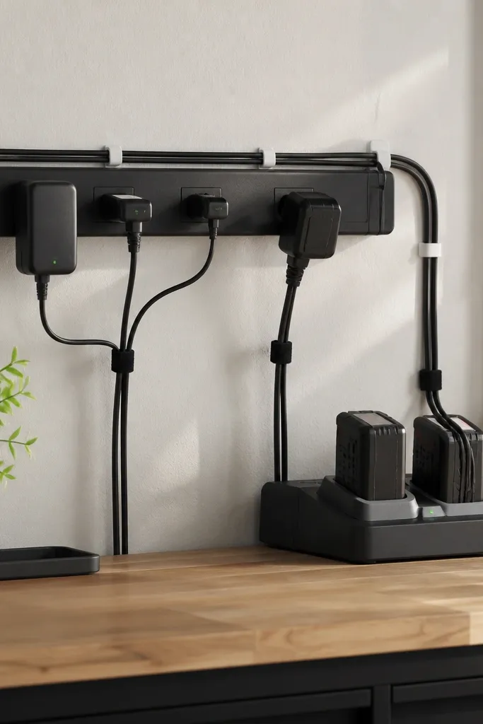White cable clips running along a black power strip mounted to the wall. Cords are bundled with Velcro ties and routed neatly to chargers and a small tool battery station.