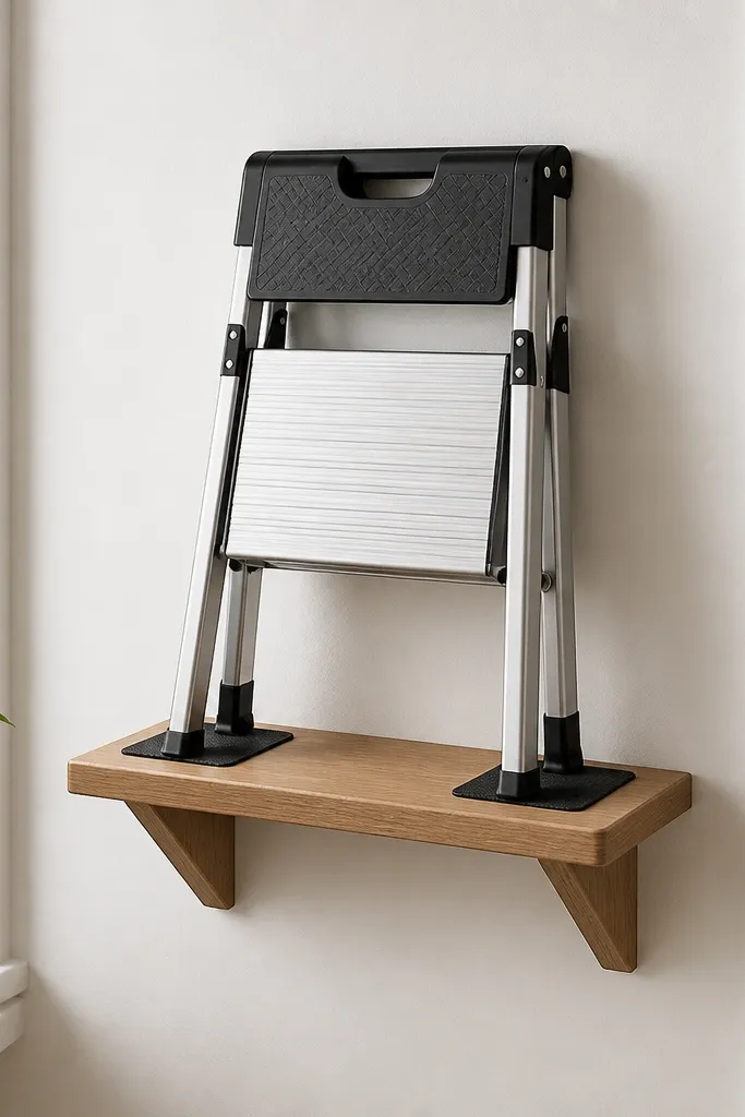 A small wall shelf holding a folding step stool. The shelf top has black rubber pads, and the stool rests with its legs spaced evenly.