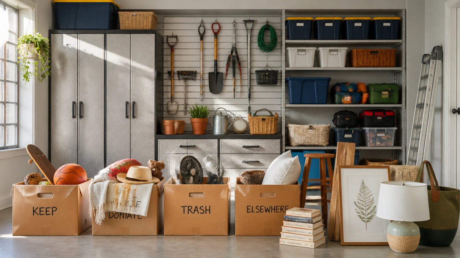 A garage being emptied onto the driveway with items sorted into keep, donate, trash, and elsewhere piles.