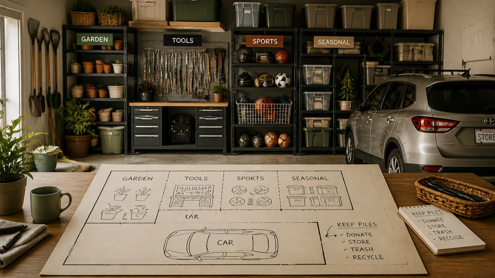 A garage floor plan sketch marking zones for tools, garden, sports, seasonal, and the car with the keep piles grouped nearby.
