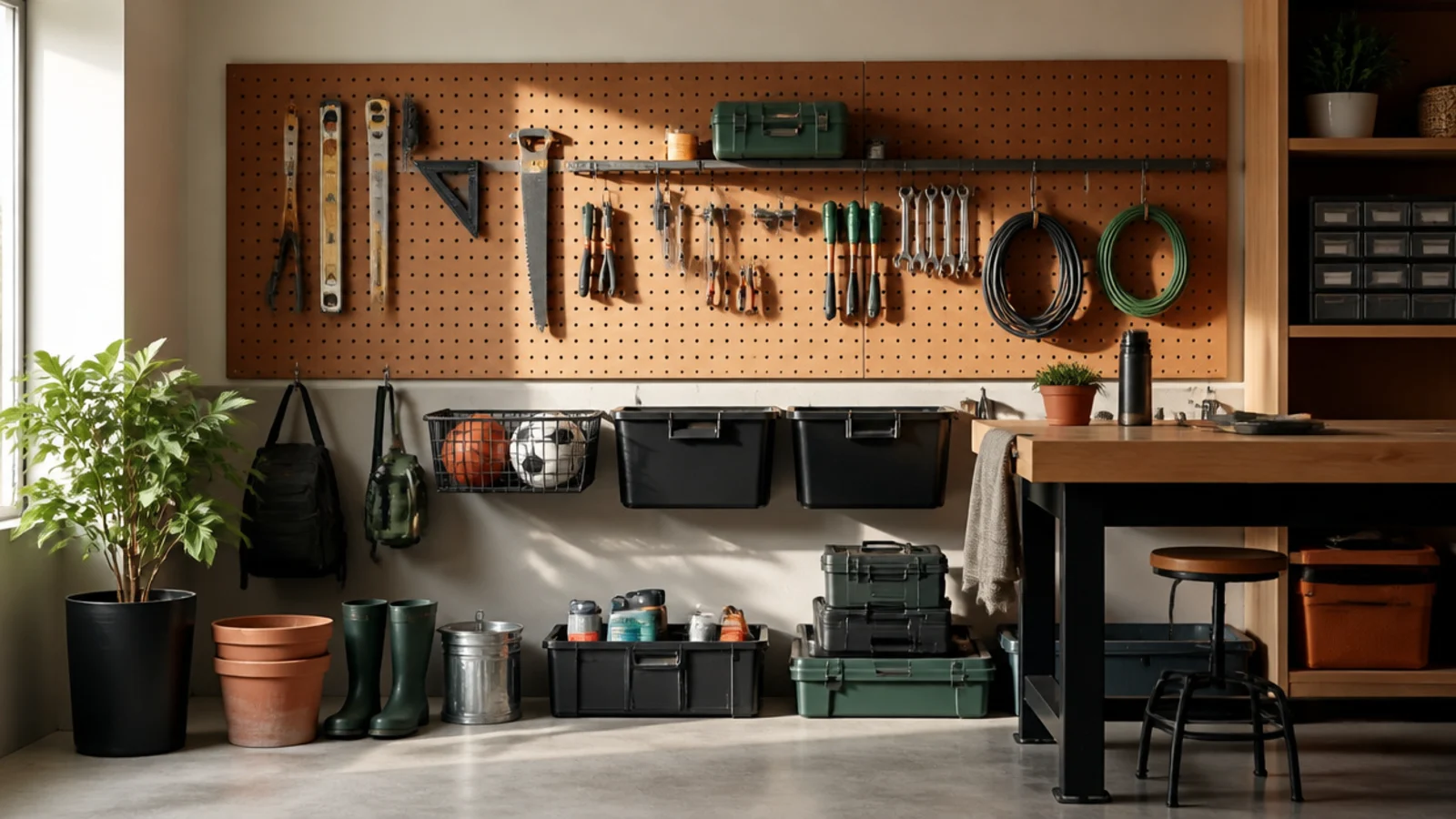 A garage wall being fitted with pegboard, hooks, and a rail as tools move from the floor up onto the wall.