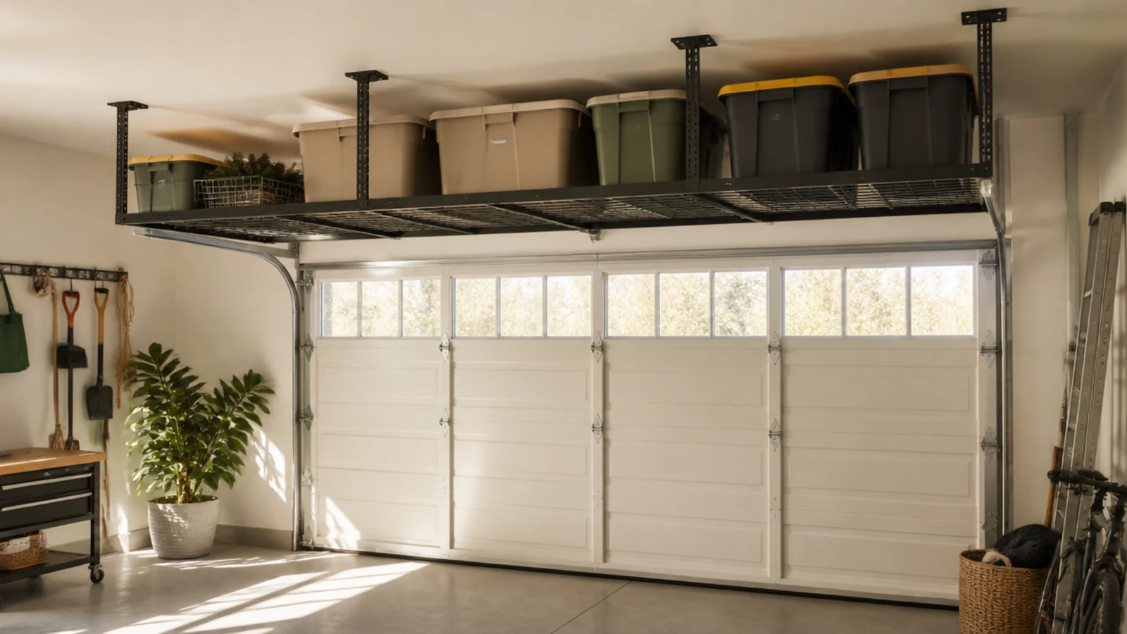 An overhead rack being mounted to garage ceiling joists and loaded with light seasonal totes above the door.