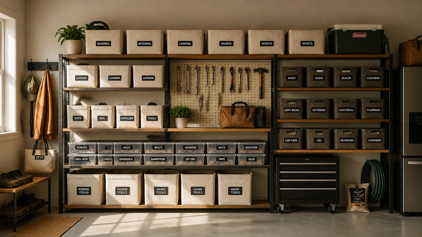 Clear labeled totes and small parts bins being placed onto garage shelves by zone, each with a consistent label.