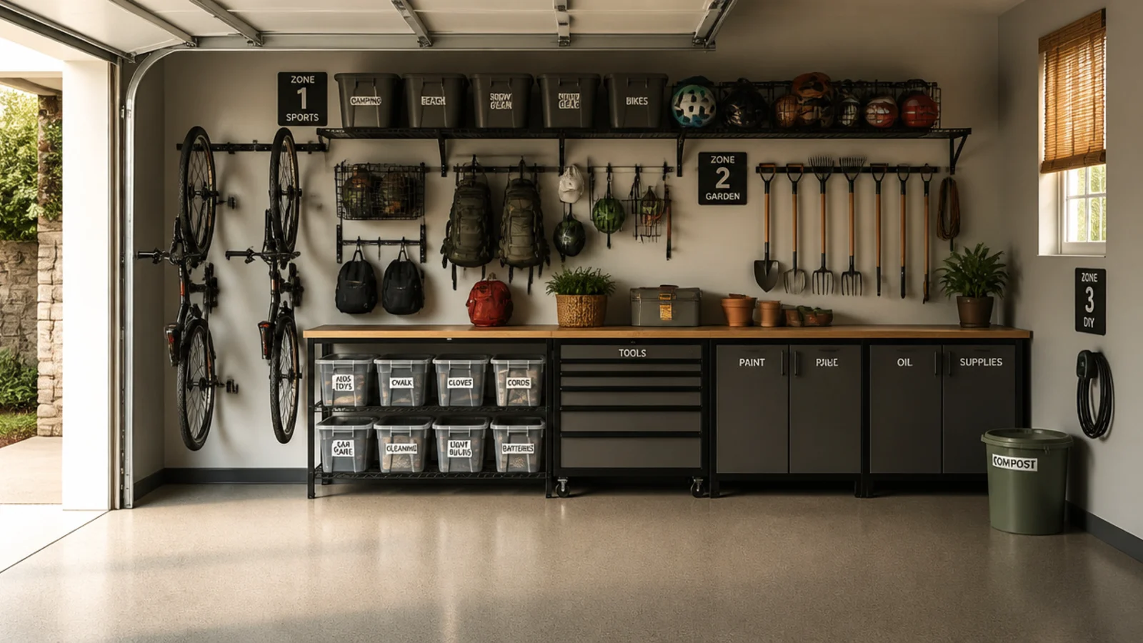 A finished organized garage with a zone map clipped by the door, everything in its labeled home and the floor clear.