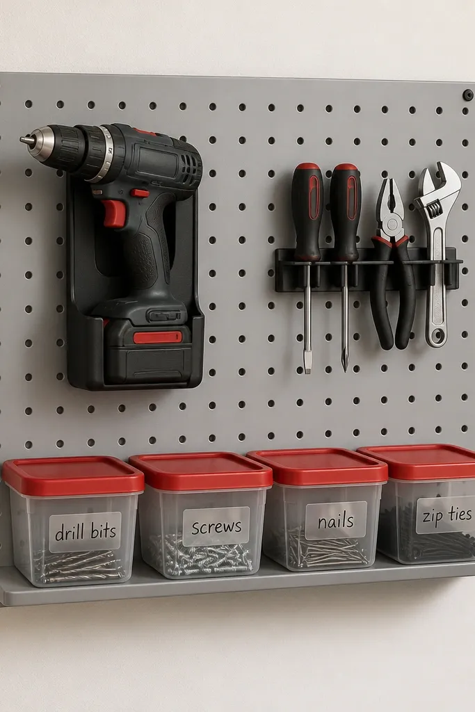 A light gray pegboard mounted on a garage wall. Peg hooks hold a cordless drill holster and a small hand tool set. Below, a narrow ledge holds four clear plastic bins with red lids labeled with black marker: drill bits, screws, nails, and zip ties.