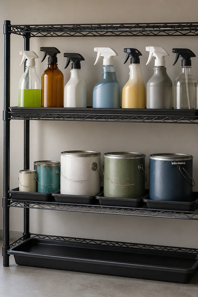 A black wire shelving unit with three tiers. On the middle tier, paint cans sit on shallow trays. On the top tier, spray bottles are lined up with labels facing out. A small drip pan sits under the shelf and a magnetic label strip runs along the front.