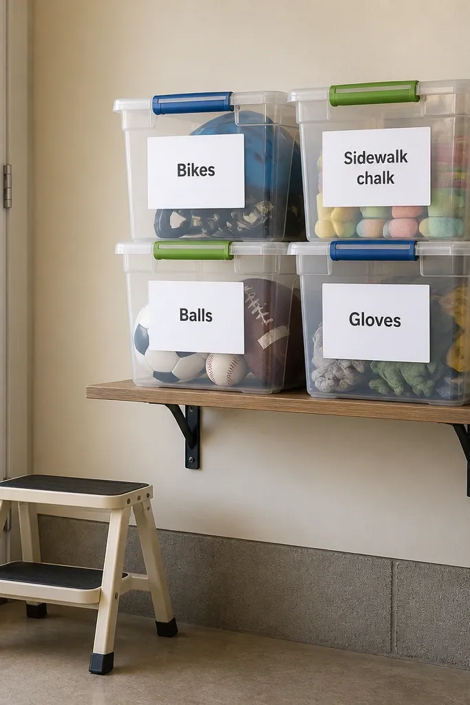 Four clear plastic bins with blue and green handles stacked on a low wall shelf. Each bin has a large white label on the front: Bikes, Sidewalk chalk, Balls, and Gloves. A small step stool sits beside the shelf.