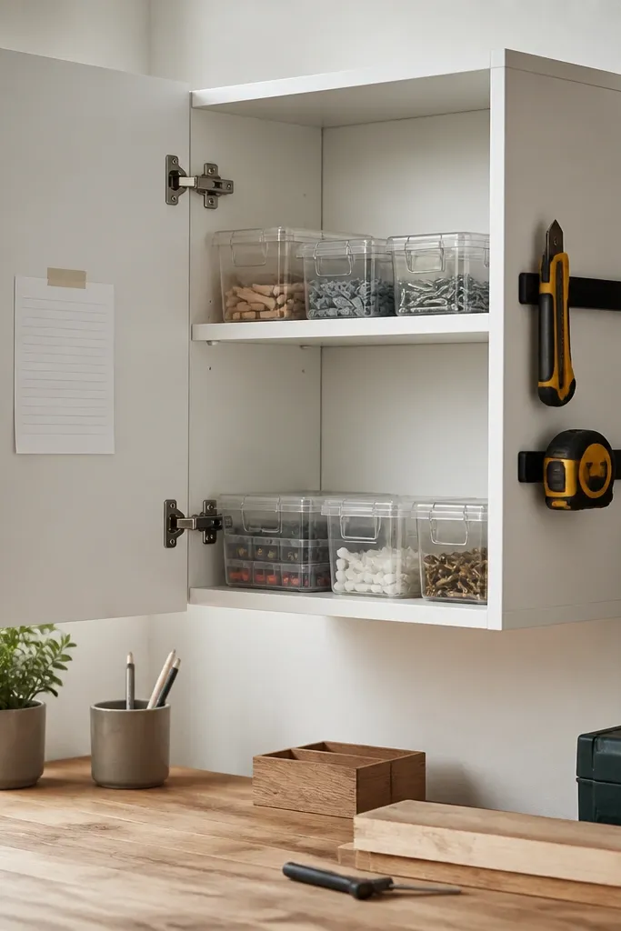 A white wall cabinet mounted above a workbench. Inside are two shelves with small clear organizers. The outside has two magnetic tool holders for a utility knife and a tape measure. A small paper list taped inside the door reads: tape, batteries, sandpaper.