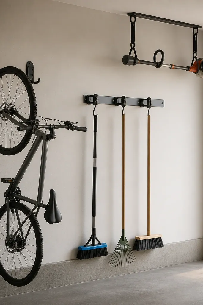 A garage wall with two heavy-duty wall hooks holding a bike upside down by the front wheel. A row of long-handle hooks holds a snow brush, a rake, and a broom. A ceiling-mounted strap system hangs one seasonal tool above the walkway.