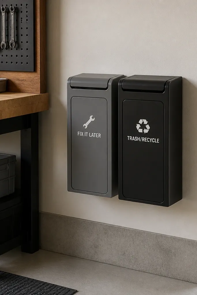 Two slim bins mounted on a wall beside the workbench. One is a gray bin labeled FIX IT LATER with a small wrench icon. The other is a black bin labeled TRASH/RECYCLE with a recycling symbol. Both bins have hinged lids that open inward.