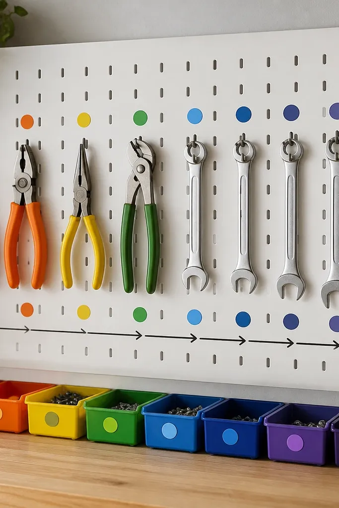A pegboard with color-coded circles next to each hook. The circles match colored labels on small bins below. There are short arrows drawn in black marker showing left-to-right return placement for a set of pliers and wrenches.