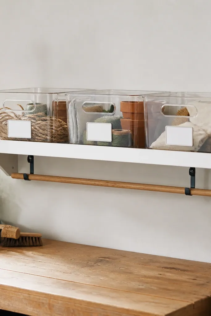 A DIY plywood shelf painted semi-gloss white with a narrow 1-inch front lip. Three medium clear bins sit on it, each with a label on the front. The shelf is mounted above the workbench and there's a small gap underneath for a broom handle.